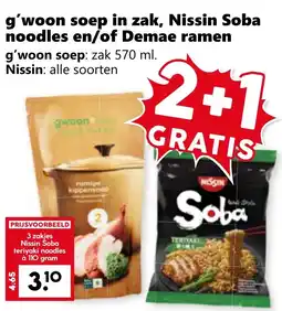 Coop g'woon soep in zak, Nissin Soba noodles en/of Demae ramen aanbieding