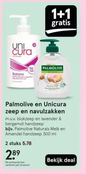 Etos Palmolive en Unicura zeep en navulzakken aanbieding
