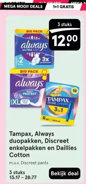 Etos Tampax, Always duopakken, Discreet enkelpakken en Daillies Cotton aanbieding