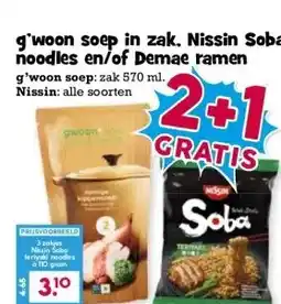 Boon`s Markt g'woon soep in zak, Nissin Soba noodles en/of Demae ramen aanbieding