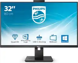 Bol.com Philips 326P1H - QHD Webcam Monitor - Windows Hello - USB-C Docking - RJ45 - 90w - 32 inch aanbieding