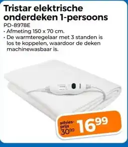 Trekpleister Tristar elektrische onderdeken 1-persoons aanbieding