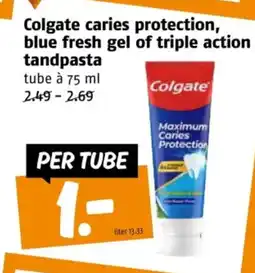 Poiesz Colgate caries protection, blue fresh gel of triple action tandpasta aanbieding