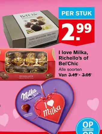 Hoogvliet I love milka, richello's of bel'chic aanbieding