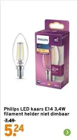 GAMMA Philips LED kaars E14 3,4W filament helder niet dimbaar aanbieding