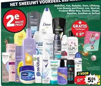 Kruidvat Andrelon, Axe, Badedas, Dove, Lifebuoy, Love Beauty and Planet, Lux, Neutral, Prodent White Now, Rexona, Simple, Vaseline, Ze aanbieding