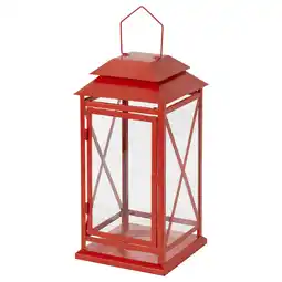 IKEA Een rode vinterfint lantaarn, in de vorm van een huis met een metalen frame en glazen panelen aanbieding