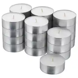 IKEA Stapel van 12 zilveren theelichtkaarsen Rond, metallic, witte was, katoenen lonten aanbieding