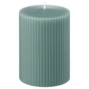 IKEA GlasbjÖrk blauwgroene kaars, geribbeld, cilindrisch, was & katoenen lont aanbieding