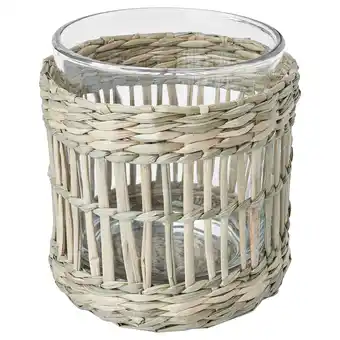 IKEA Een slipprig theelichthouder, rond, beige met rieten design. Het is gemaakt van zegge en glas aanbieding