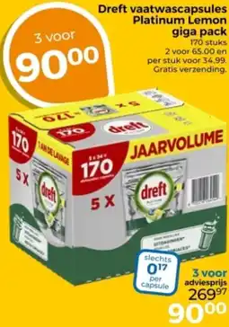 Trekpleister Dreft vaatwascapsules Platinum Lemon giga pack aanbieding
