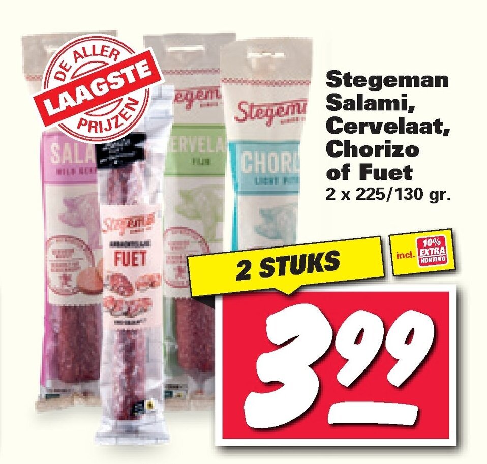 Stegeman Salami, Cervelaat, Chorizo of Fuet 2x225/130 gram aanbieding