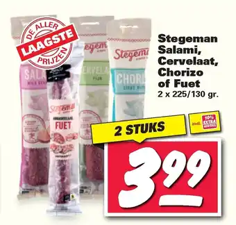 Nettorama Stegeman Salami, Cervelaat, Chorizo of Fuet 2x225/130 gram aanbieding