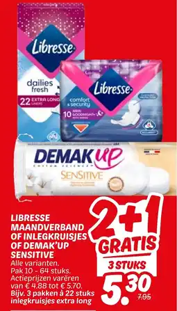 Dekamarkt Libresse maandverband of inlegkruisjes of demak'up sensitive aanbieding