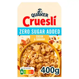 PLUS Quaker Cruesli Zero Sugar Added Cocoa Banana aanbieding