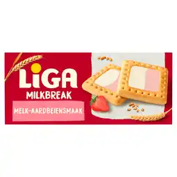 PLUS Liga Milkbreak koekjes melk aardbei aanbieding