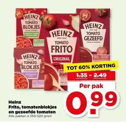 PLUS Heinz Frito, tomatenblokjes en gezeefde tomaten aanbieding