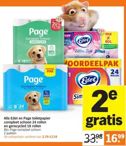 Albert Heijn Alle Edet en Page toiletpapier compleet schoon 24 rollen en gerecycled 18 rollen aanbieding