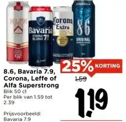 Vomar Voordeelmarkt 8.6, Bavaria 7.9, Corona, Leffe of Alfa Superstrong aanbieding