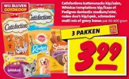 Nettorama Catisfactions kattensnacks kip/zalm, Whiskas temptations kip/kaas of Pedigree dentastix aanbieding