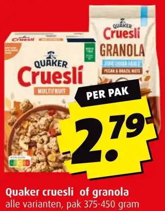 Boni Quaker cruesli of granola aanbieding