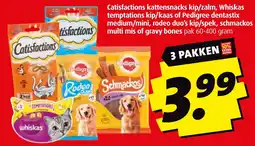 Boni Catisfactions kattensnacks kip/zalm, Whiskas temptations kip/kaas of Pedigree dentastix aanbieding