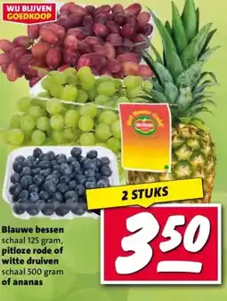 Nettorama Blauwe bessen schaal 125 gram, pitloze rode of witte druiven schaal 500 gram of ananas aanbieding