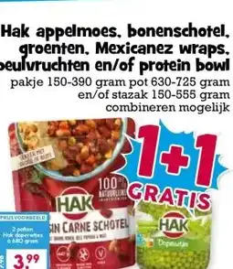 Boon`s Markt Hak appelmoes, bonenschotel. groenten, Mexicanez wraps. peulvruchten en/of protein bowl aanbieding