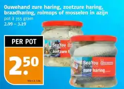 Poiesz Ouwehand zure haring, zoetzure haring, braadharing, rolmops of mosselen in azijn aanbieding