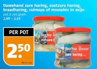 Poiesz Ouwehand zure haring, zoetzure haring, braadharing, rolmops of mosselen in azijn aanbieding