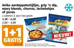Poiesz Aviko aardappelschijfjes, grip 'n dip, wavy blends, churros, lachebekjes of puree aanbieding
