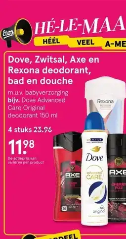 Etos Dove, Zwitsal, Axe en Rexona deodorant, bad en douche aanbieding