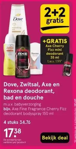 Etos Dove, Zwitsal, Axe en Rexona deodorant, bad en douche aanbieding