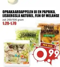 MCD Supermarkt OPBAKAARDAPPELEN UI EN PAPRIKA, IJSBERGSLA NATUREL, FIJN OF MELANGE aanbieding