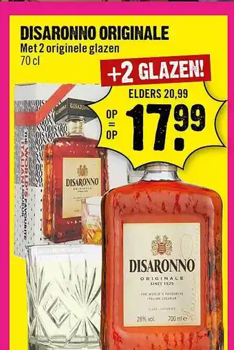 Dirck 3 Disaronno originale met 2 originele glazen 70 cl aanbieding