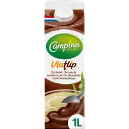 Jumbo Campina Vlaflip Dubbelvla Chocolade Vanillesmaak met Chocolade-Karamelsmaaksaus 1 L aanbieding