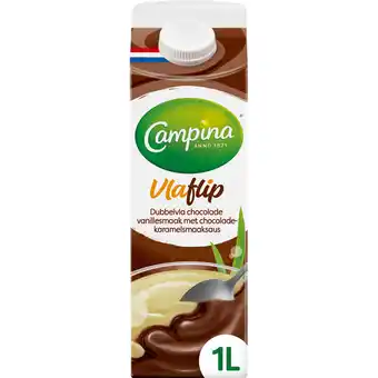 Jumbo Campina Vlaflip Dubbelvla Chocolade Vanillesmaak met Chocolade-Karamelsmaaksaus 1 L aanbieding