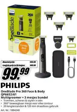MediaMarkt OneBlade Pro 360 Face & Body QP6652/61 Multigroomer + 3 mesjes bundel aanbieding
