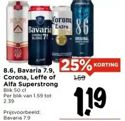 Vomar Voordeelmarkt 8.6, Bavaria 7.9, Corona, Leffe of Alfa Superstrong aanbieding