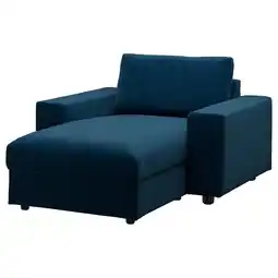 IKEA Blauwe moderne fauteuil, vimle, diepe zittingen, opbergruimte onder, donkerblauw fluweel aanbieding