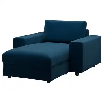 IKEA Blauwe moderne fauteuil, vimle, diepe zittingen, opbergruimte onder, donkerblauw fluweel aanbieding