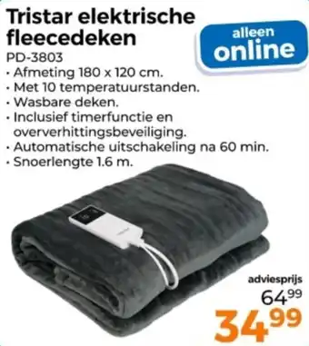 Trekpleister Tristar elektrische fleecedeken aanbieding