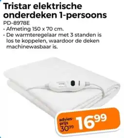 Trekpleister Tristar elektrische onderdeken 1-persoons aanbieding