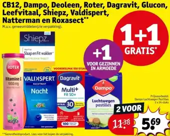 Kruidvat CB12, Dampo, Deoleen, Roter, Dagravit, Glucon, Leefvitaal, Shiepz, Valdispert, Natterman en Roxasect aanbieding