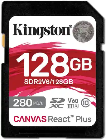 Amazon Kingston Canvas React Plus V60 SD 128GB SDXC UHS-II 280R/100W U3 V60 for Full HD/4K aanbieding