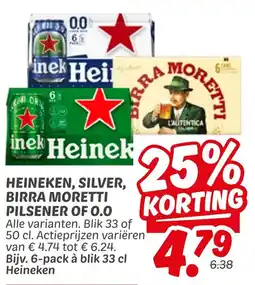 Dekamarkt Heineken, silver, birra moretti pilsener of 0.0 aanbieding