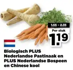 PLUS Biologisch PLUS Nederlandse Pastinaak en PLUS Nederlandse Bospeen en Chinese kool aanbieding
