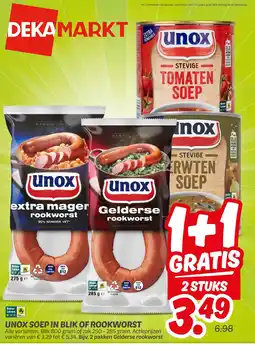 Dekamarkt Unox soep in blik of rookworst aanbieding