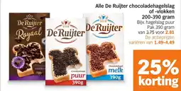 Albert Heijn Alle De Ruijter chocoladehagelslag of vlokken aanbieding