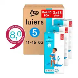 Etos Etos Luiers Junior Maat 5 11-16 kg Maandbox 204 stuks aanbieding